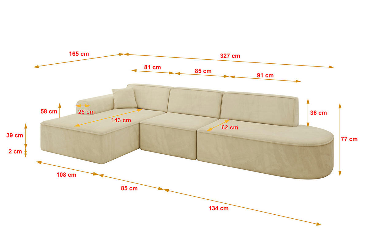 ECKSOFA Ottomane Links IREA-L2-v3 - 327x165x77 cm Beige - Taupe/Ecru, Holzwerkstoff/Textil (327/165cm) - ALTDECOR