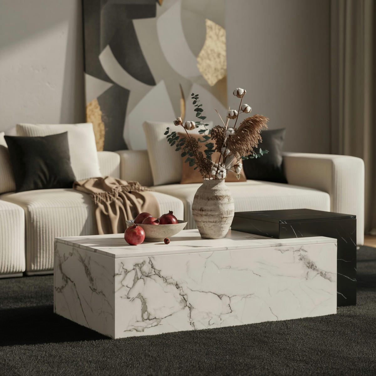 COUCHTISCH Weiß Schwarz Marmor-Optik Modern 120x60x40 cm Zwei Ebenen - Weiß, Holzwerkstoff (60/120/40cm) - KADIMA DESIGN