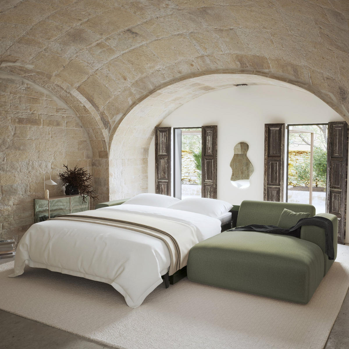ECKSOFA RECHTS SCHLAFSOFA Rastergewebe Olivgrün 280cm - Olivgrün/Grün, Textil (280/165cm) - Sia Home