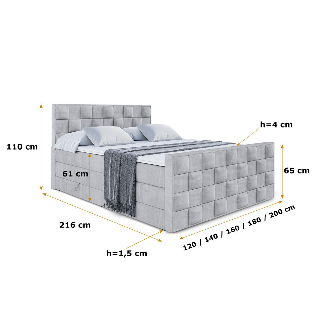 BOXSPRINGBETT ZAFIRA KING - 160 x 200 - H3/H4 - Hellgrau - Hellgrau, Holzwerkstoff (160/200cm) - ALTDECOR