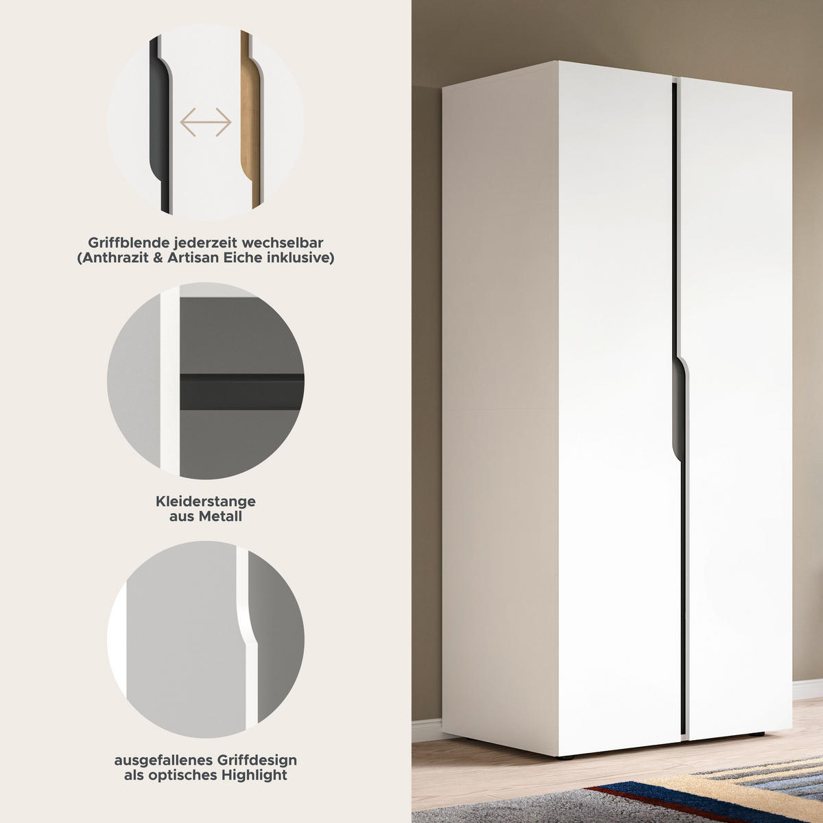 KLEIDERSCHRANK 2-türig ANGA (B/H/T: ca. 80/180/51 cm) in weiß/weiß - Weiß, Holzwerkstoff (80/180/51cm)