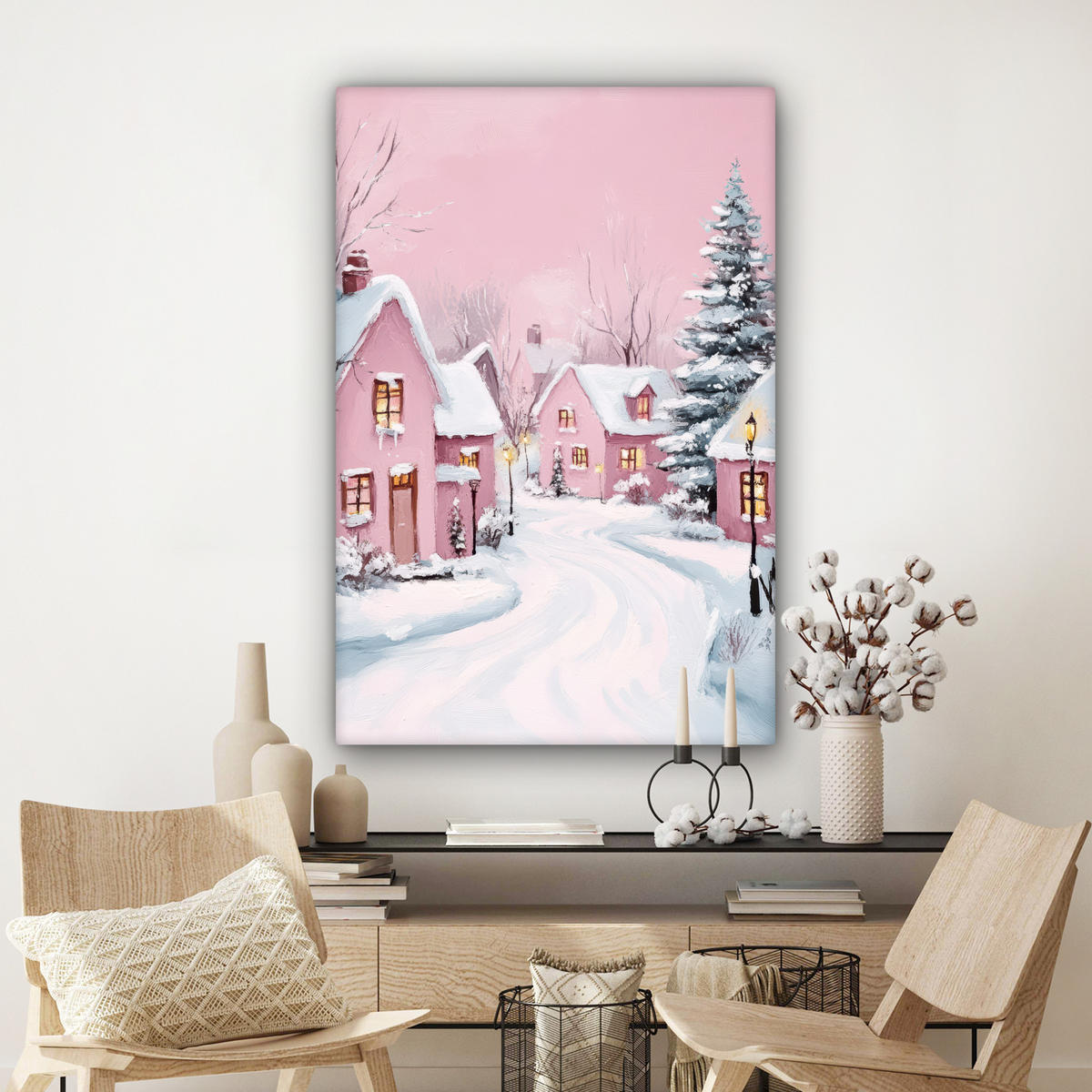 LEINWANDBILD Weihnachtsdorf - Rosa - Winter - Schnee - Häuser Deko Groß 90x140 cm - Altrosa, Textil (90/140cm) - MuchoWow