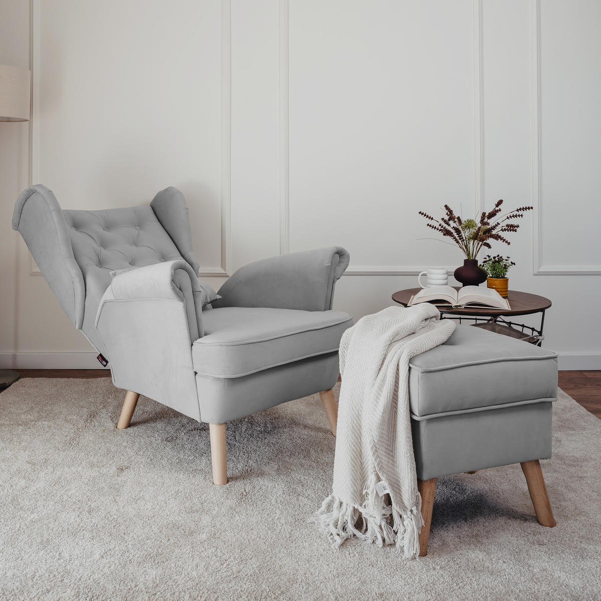 SESSEL mit Fußhocker Classic - Hellgrau, Holz (92/107/80cm) - Idohome