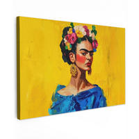 LEINWANDBILD Frida Kahlo - Frau - Gelb - Blau - Blumen Wohnzimmer Groß 120x80 cm - Gelb, Textil (120/80cm) - MuchoWow