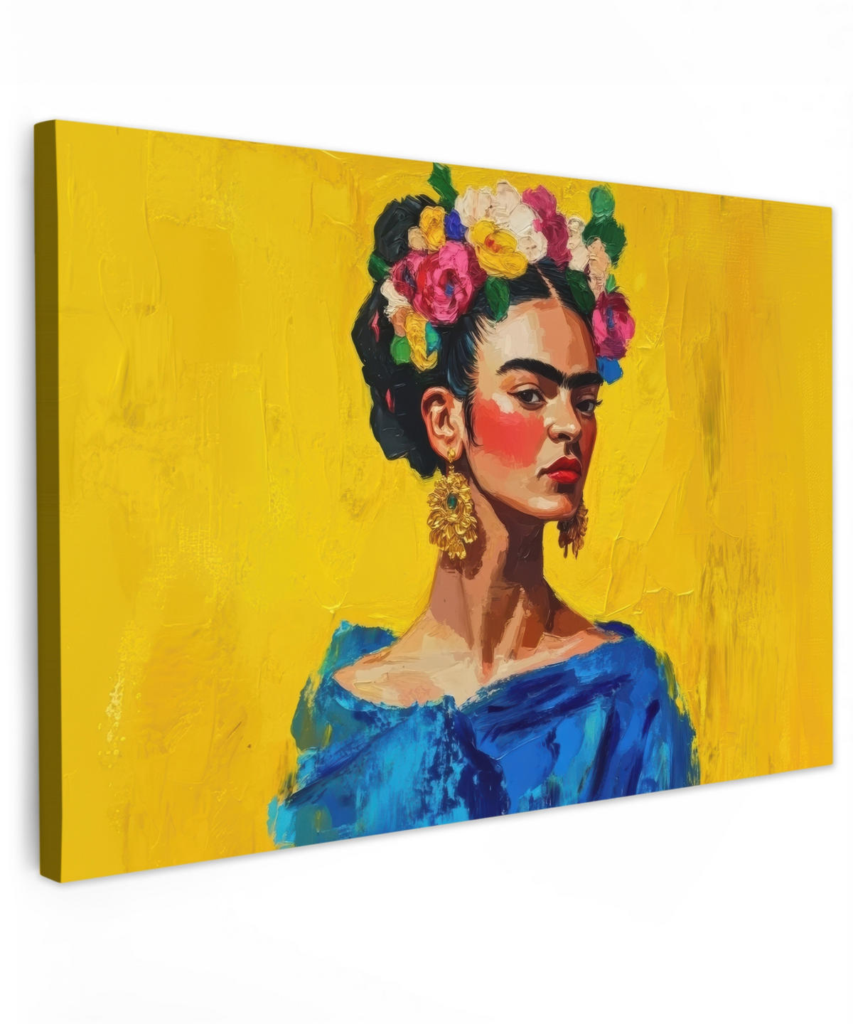 LEINWANDBILD Frida Kahlo - Frau - Gelb - Blau - Blumen Wohnzimmer Groß 120x80 cm - Gelb, Textil (120/80cm) - MuchoWow