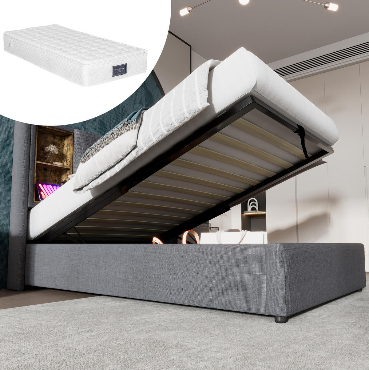 POLSTERBETT 90/200 cm Grau aus Baumwolle mit kabellosem Laden und Stauraum - Grau, Textil (90/200cm) - OKMYHOME