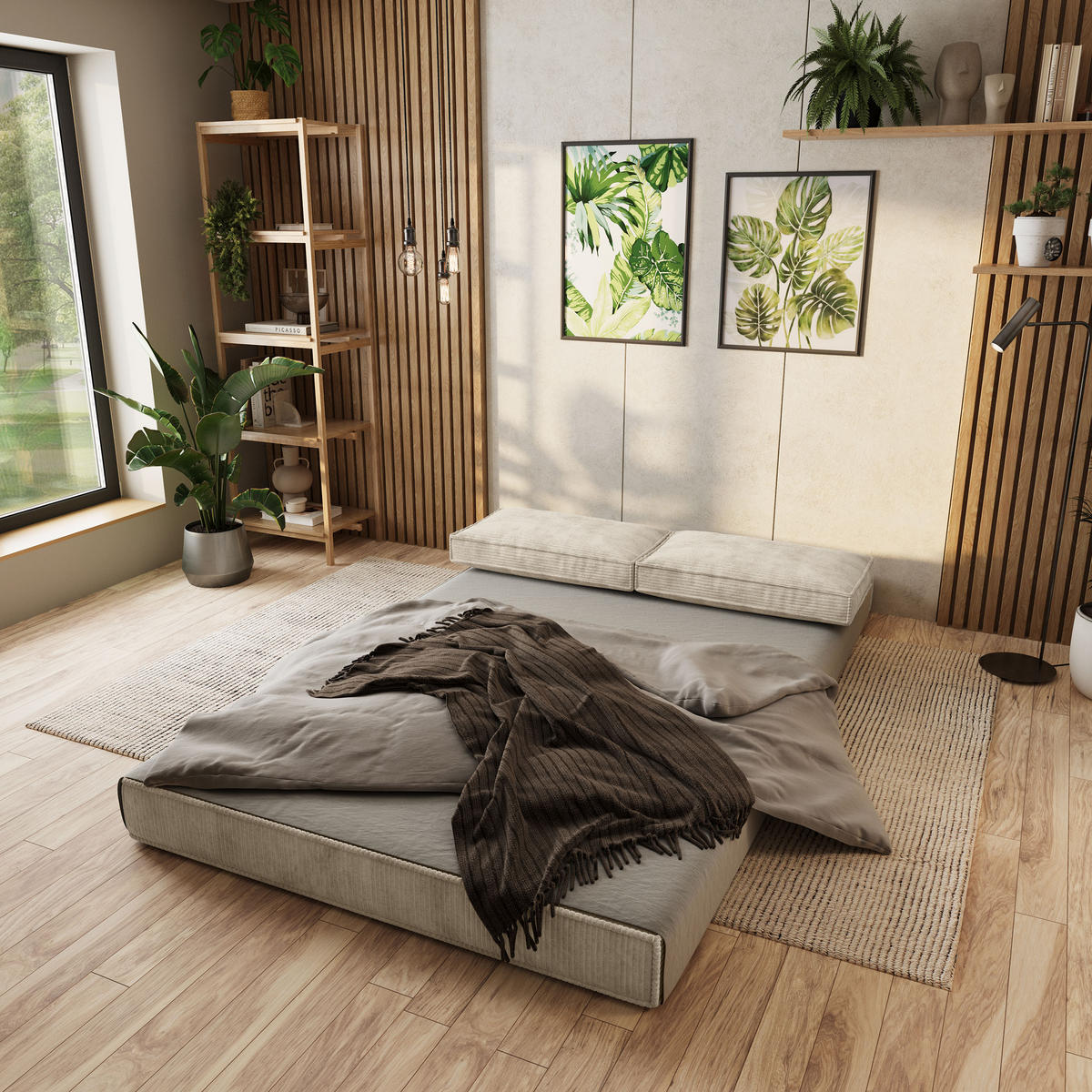 ECKSOFA ANKO modulares Boneless Sofa mit Schlaffunktion Creme Cordstoff - Creme, Textil (270/160cm) - MASSENO