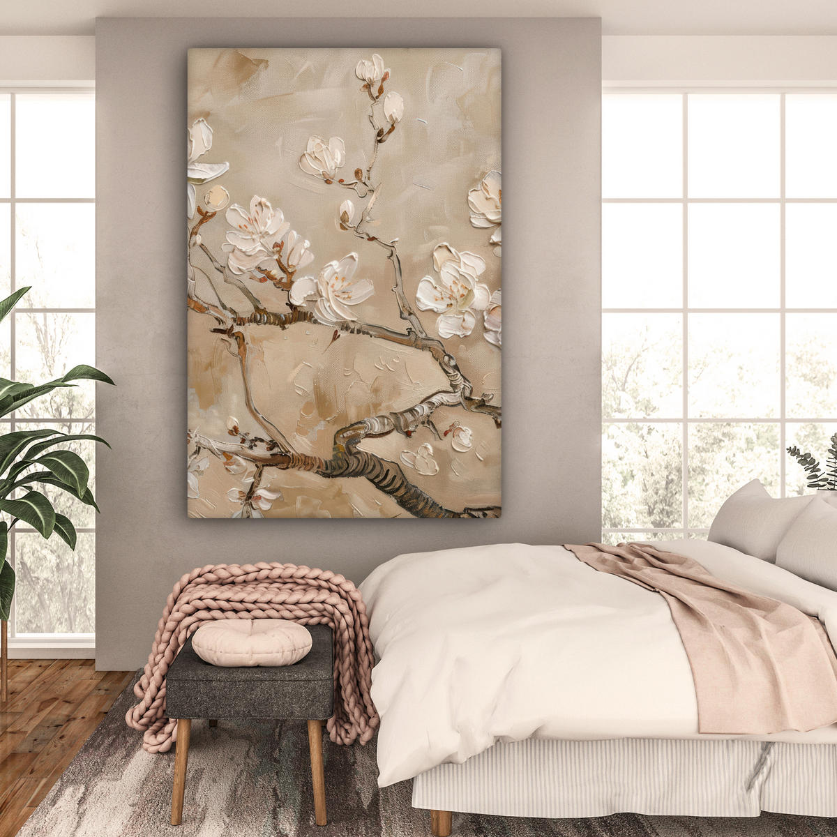 LEINWANDBILD Blumen - Modern - Beige - Weiß - Blüte Deko Groß 90x140 cm - Beige, Textil (90/140cm) - MuchoWow