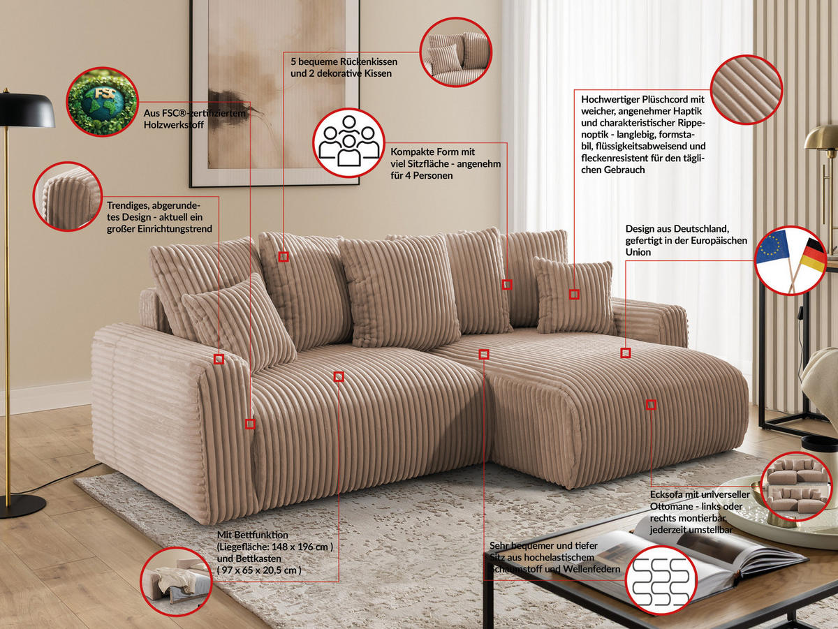 ECKSOFA Calma mit Schlaffunktion und Bettkasten im Bumpy-Design aus weichem Beige Plüschcord - Ottomane rechts - Beige/Schwarz, Holz/Kunststoff (140/239cm) - S-Style