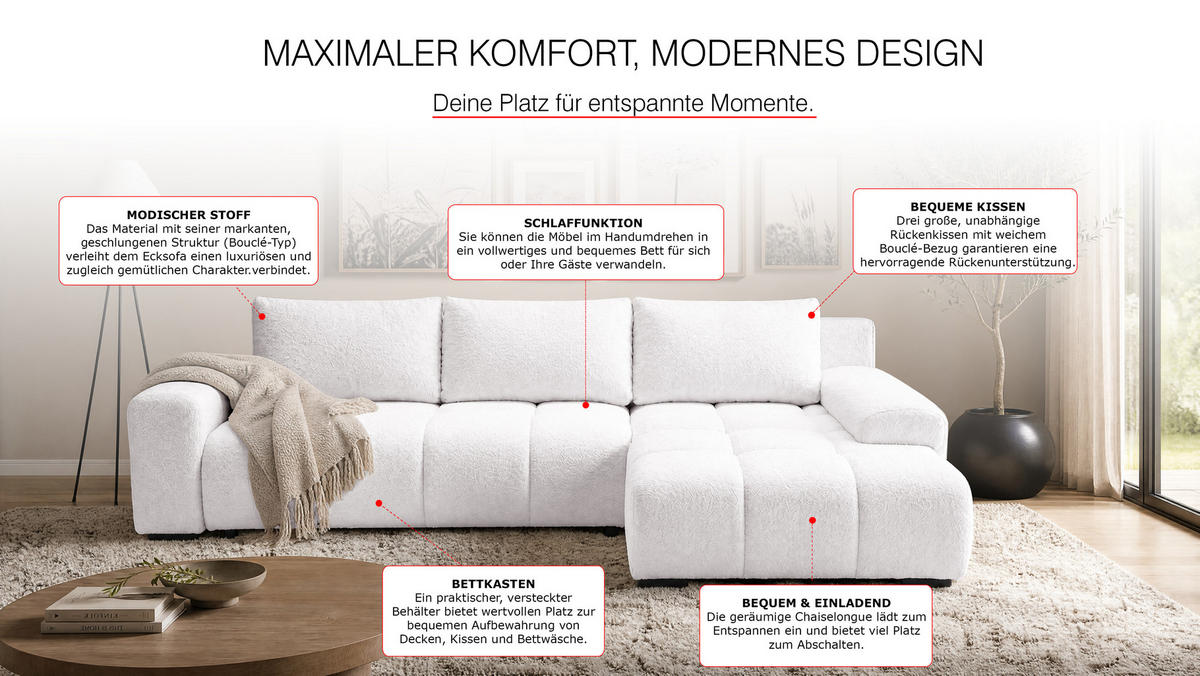 ECKSOFA Ovia mit Bettkasten und Schlaffunktion, Bouclé-Stoff in L-Form - Weiß, Textil (270/185cm)