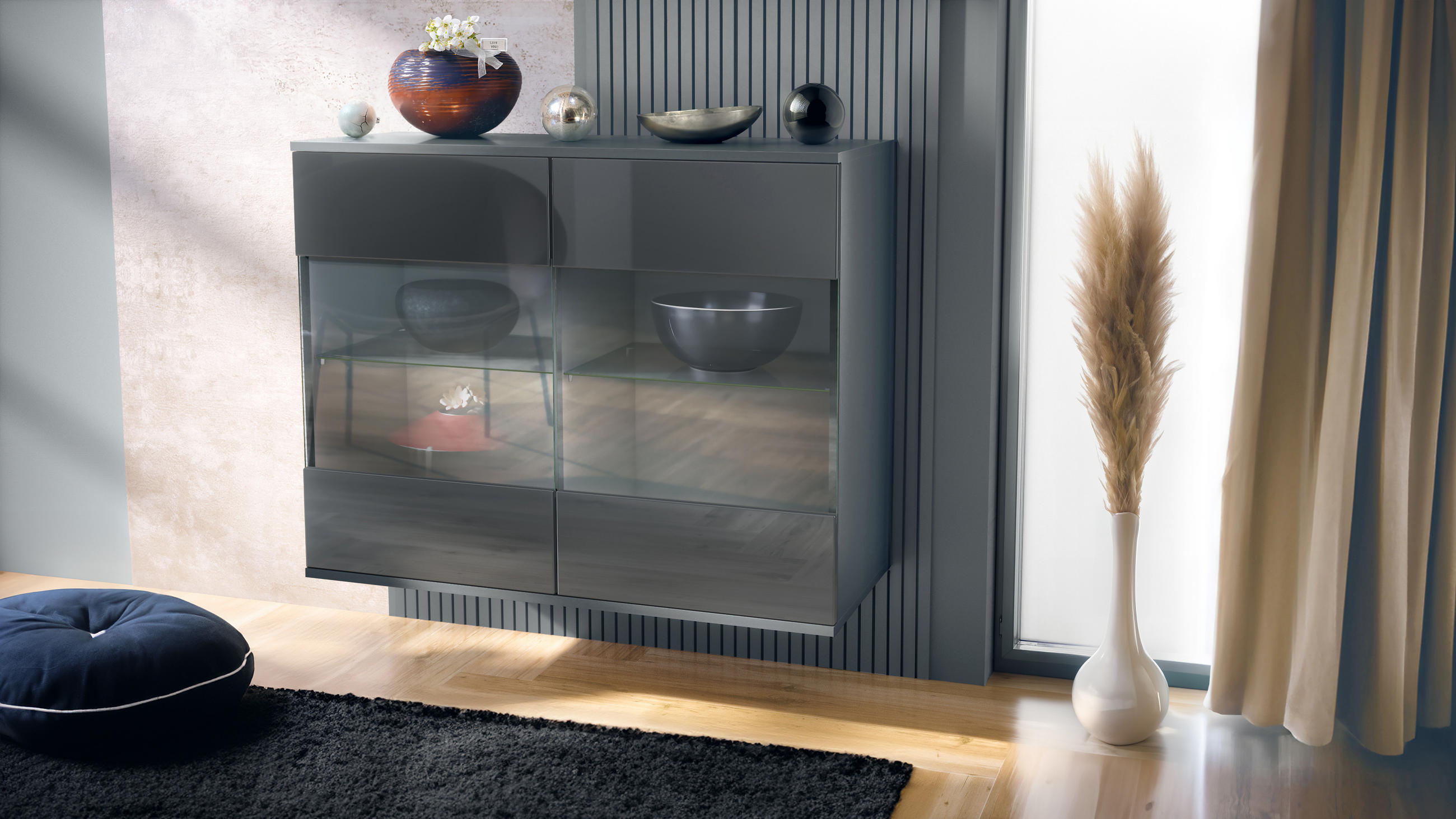 KOMMODE Bari Grau Hochglanz - Grau, Holzwerkstoff (92.5/73.5/35cm) - Vladon