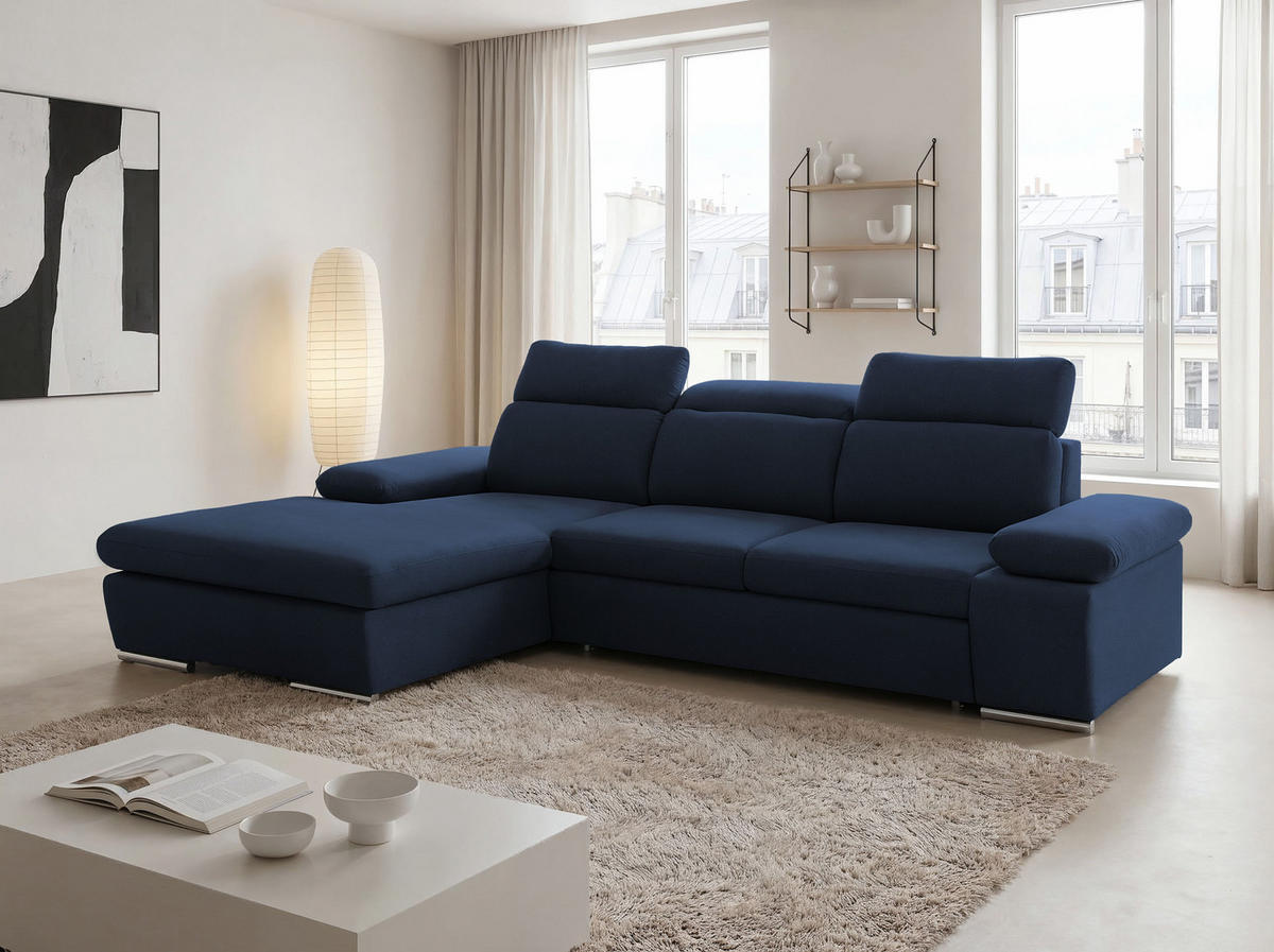 ECKSOFA PABLO mit Schlaffunktion und Bettkasten Marineblau - Dunkelblau, Holzwerkstoff/Kunststoff (250/90cm) - Idohome