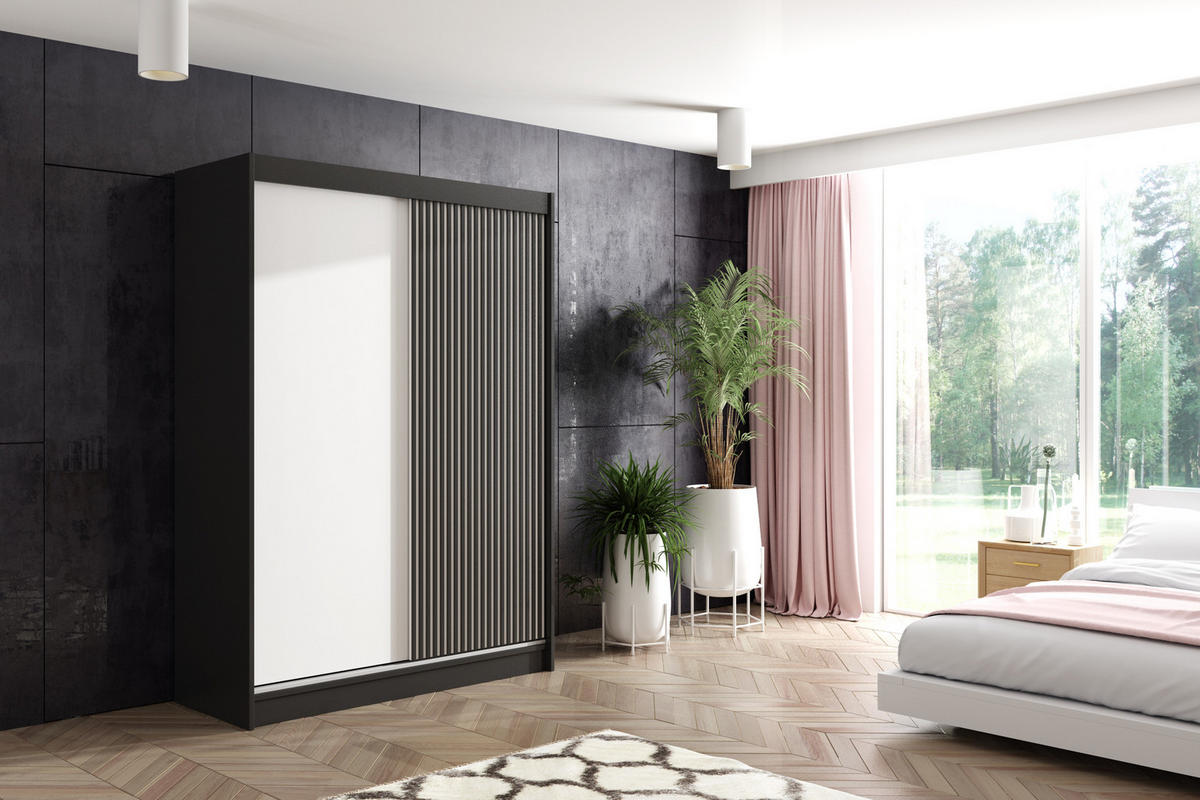 KLEIDERSCHRANK VILAN mit Lamel/LED - 150 cm - Schwarz - Schwarz, Holzwerkstoff (150/215/61cm) - ALTDECOR