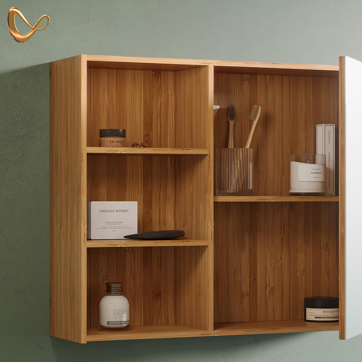 KOPALNIŠKA OMARICA Z OGLEDALOM Olona, Bambus, 74 x 60 cm s 3 odprtimi predali - naravne barve, leseni material (74/60/20cm) - Livinity®