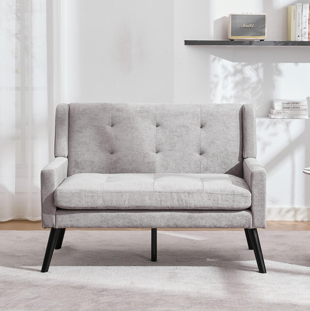 SITZBANK 2-Sitzer Leinenoptik Polster mit Knopfsteppung, Massivholzbeinen 119/75/88 cm Hellgrau - Hellblau, Textil (75/88/119cm) - Redom