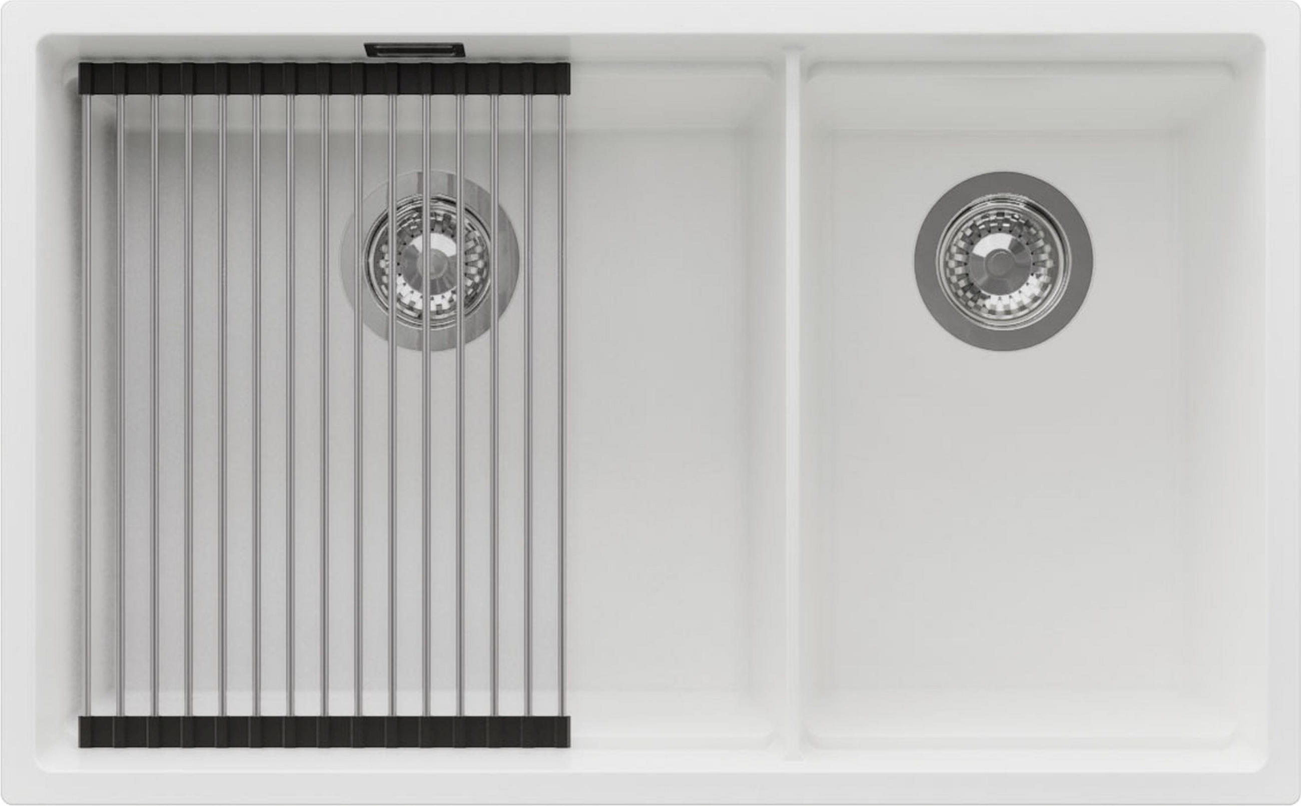 SPÜLBECKEN Praga Slim Duo, 2-er set Weiß 76/47 cm 2 Becken + Ablauf-Set + Aufrollbare Abtropffläche ab 80er Unterschrank - Chromfarben/Weiß, Kunststoff (76/20/47cm) - Primagran