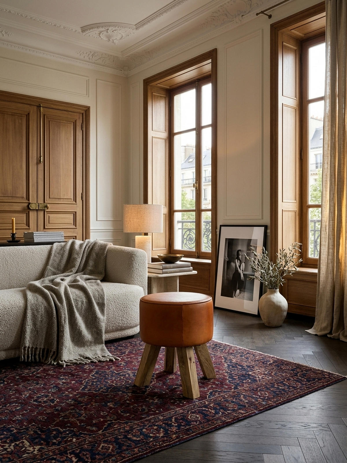 SITZHOCKER – Ziegenleder/Holz, 45 cm, Country-Stil - Braun, Mangoholz/Leder (37/45/37cm) - KADIMA DESIGN