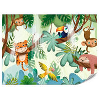 FOTOTAPETE für Kinderzimmer Süße Dschungeltiere Monstera Affen Tiger Vogel 200x140 - Gelb/Beige, Papier (200/140cm) - Muralo