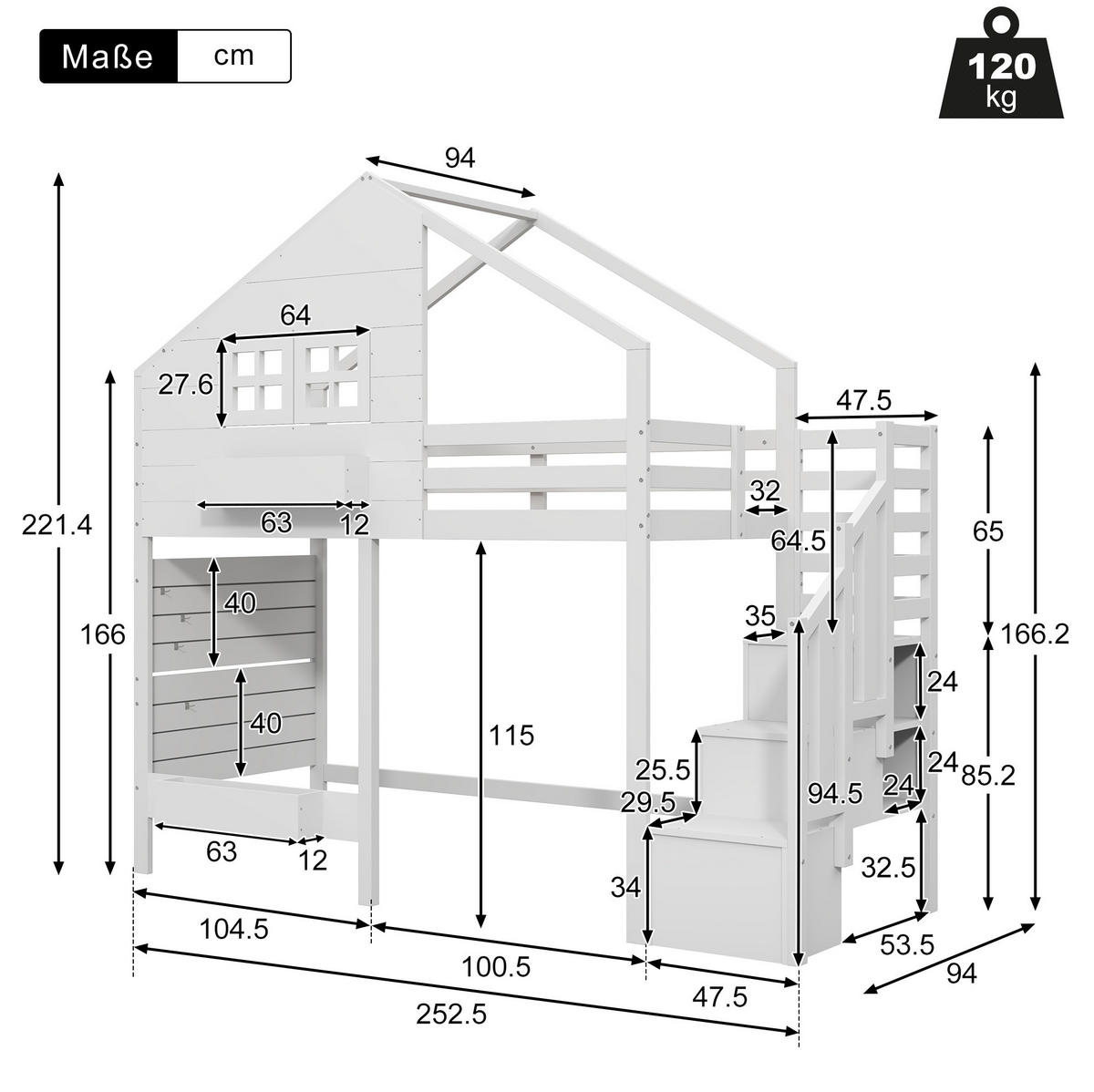 ETAGENBETT 90x200 cm mit Stauraumtreppe und Fenster Weiß - Weiß, Holzwerkstoff (90/200cm) - Beauniv