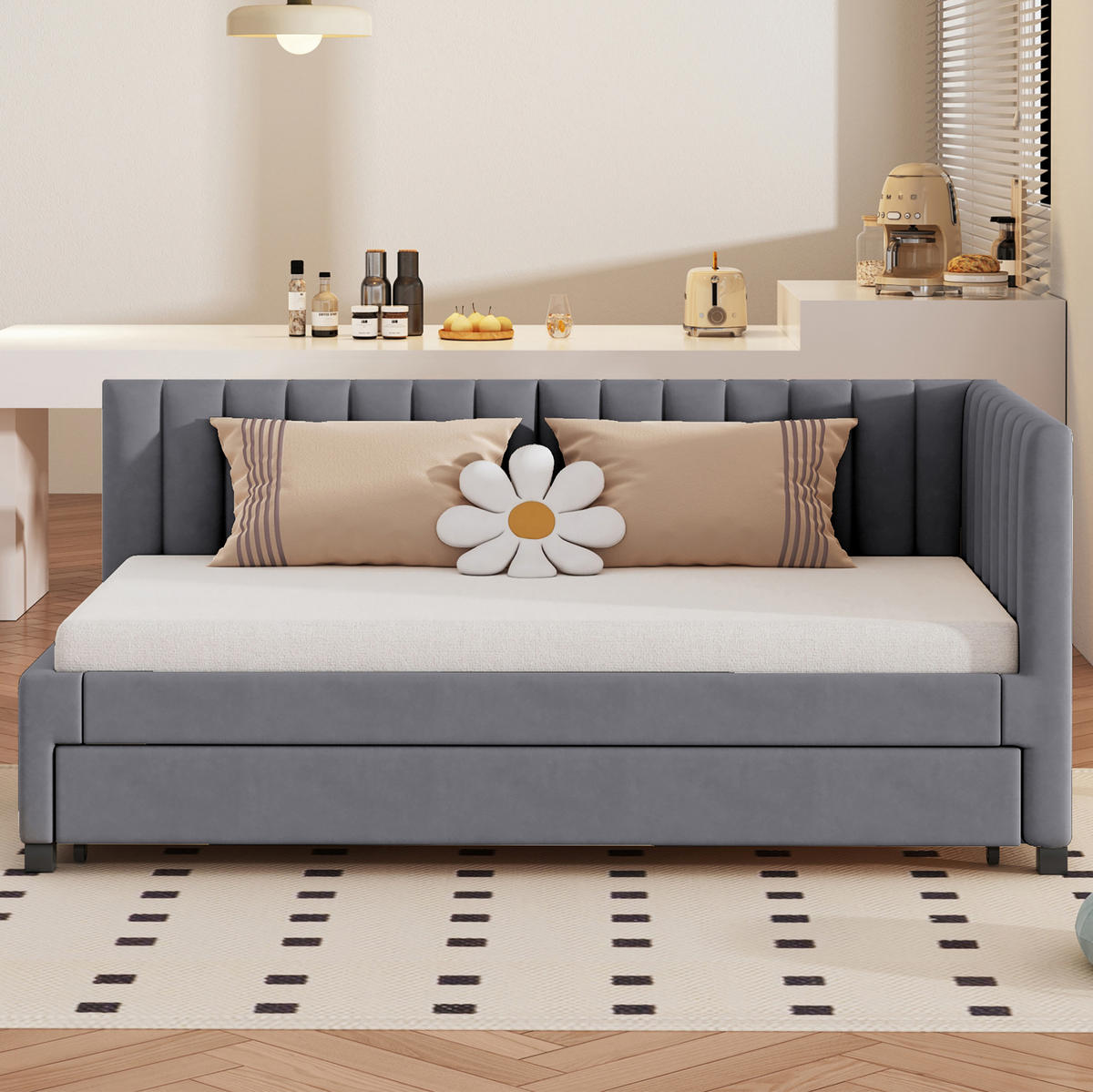 POLSTERBETT 90/200 cm aus Samt mit Ausziehbett und Lattenrost Grau - Grau, Textil (90/200cm) - Modenvie