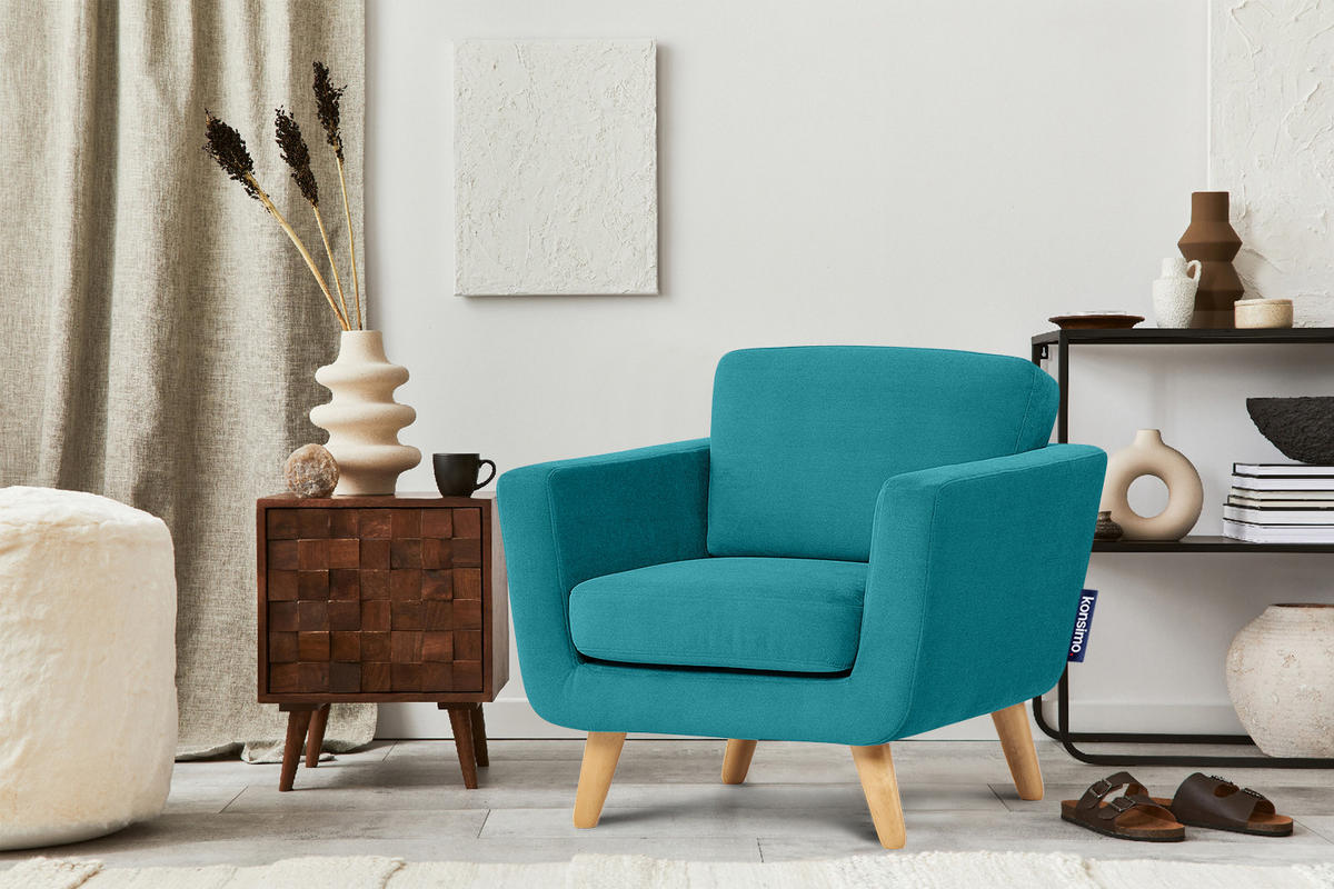 SESSEL TAGIO Massivholz-Beine, blau - Türkis/Braun, Buchenholz/Textil (86/80/88cm) - KONSIMO®