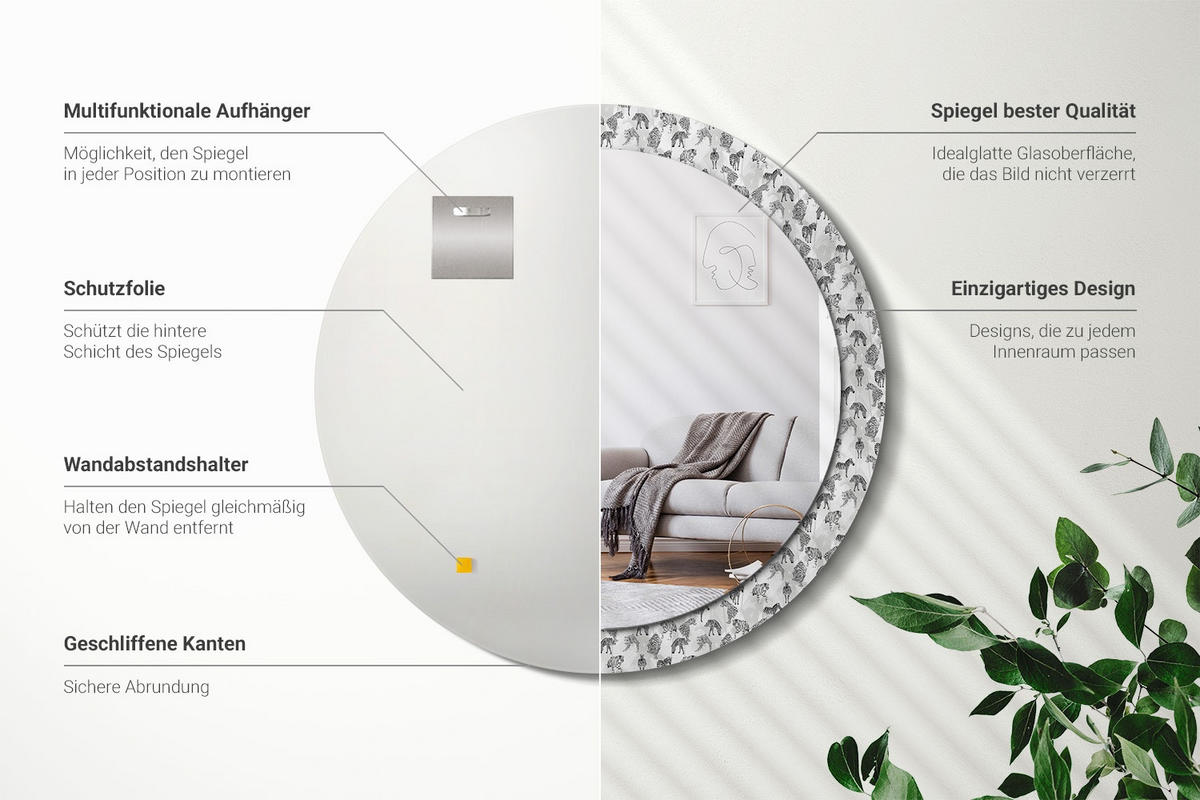 SPIEGEL Rund Ø 90 cm mit Aufdruck - Schwarz, Glas (90/90/0.4cm) - Wallfluent