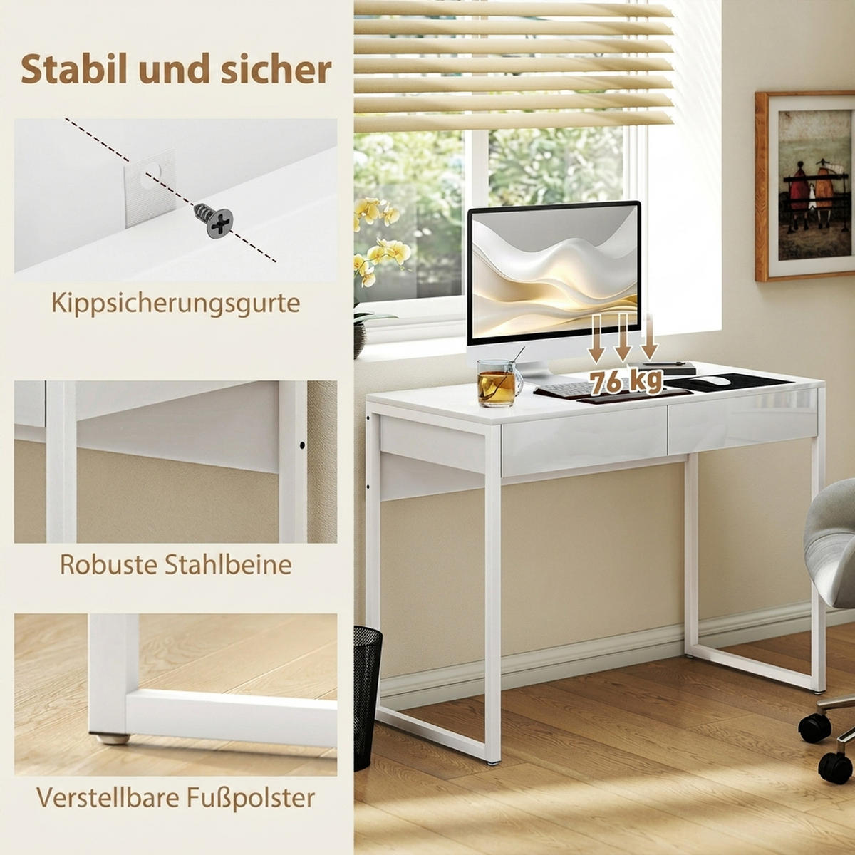 SCHREIBTISCH Stahl Holz Weiß - Weiß, Holzwerkstoff/Kunststoff (100/50/75cm) - HOMCOM