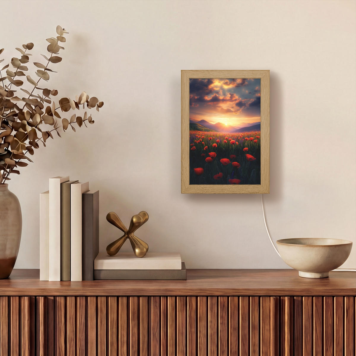 WANDLEUCHTE Landschaft - Sonnenuntergang - Blumenfeld 15x20 cm - Rot, Holzwerkstoff (15/20/8cm) - OnlyWow