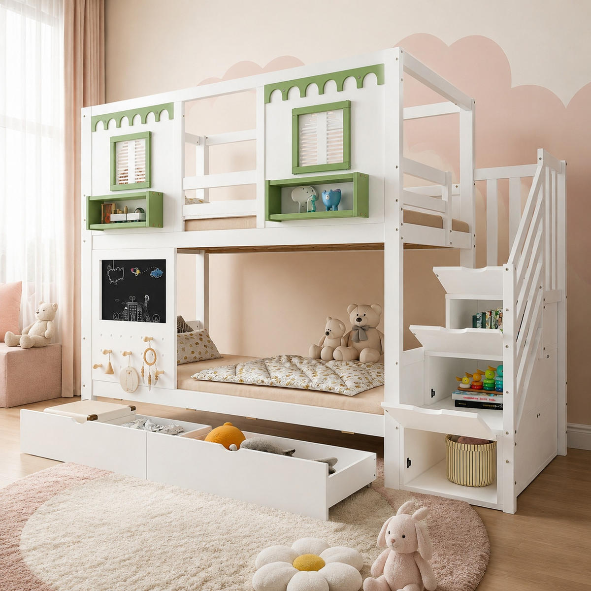 ETAGENBETT 90/200 mit Stauraumtreppe, 2 Schubladen und Lochwand in Weiß und Grün - Weiß/Grün, Holzwerkstoff (90/200cm) - EVRYAE