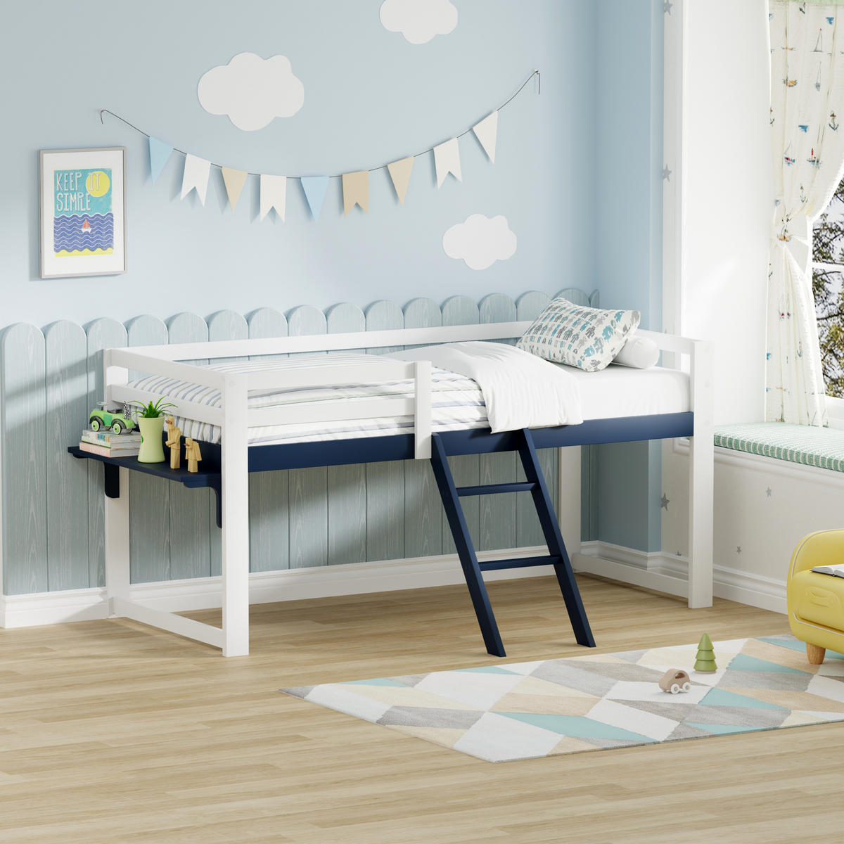 HOCHBETT 90/200 cm Weiß + Marineblau - Blau/Weiß, Holz