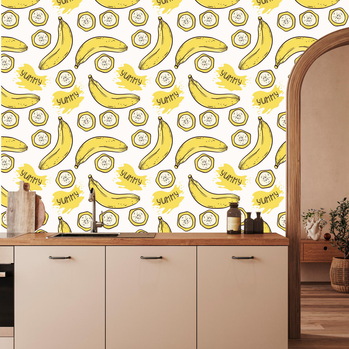 VLIESTAPETE Bananen und Schriftzüge – Gelb, Weiß – 50x1000 cm - Gelb/Weiß, Papier (50/1000cm) - Muralo