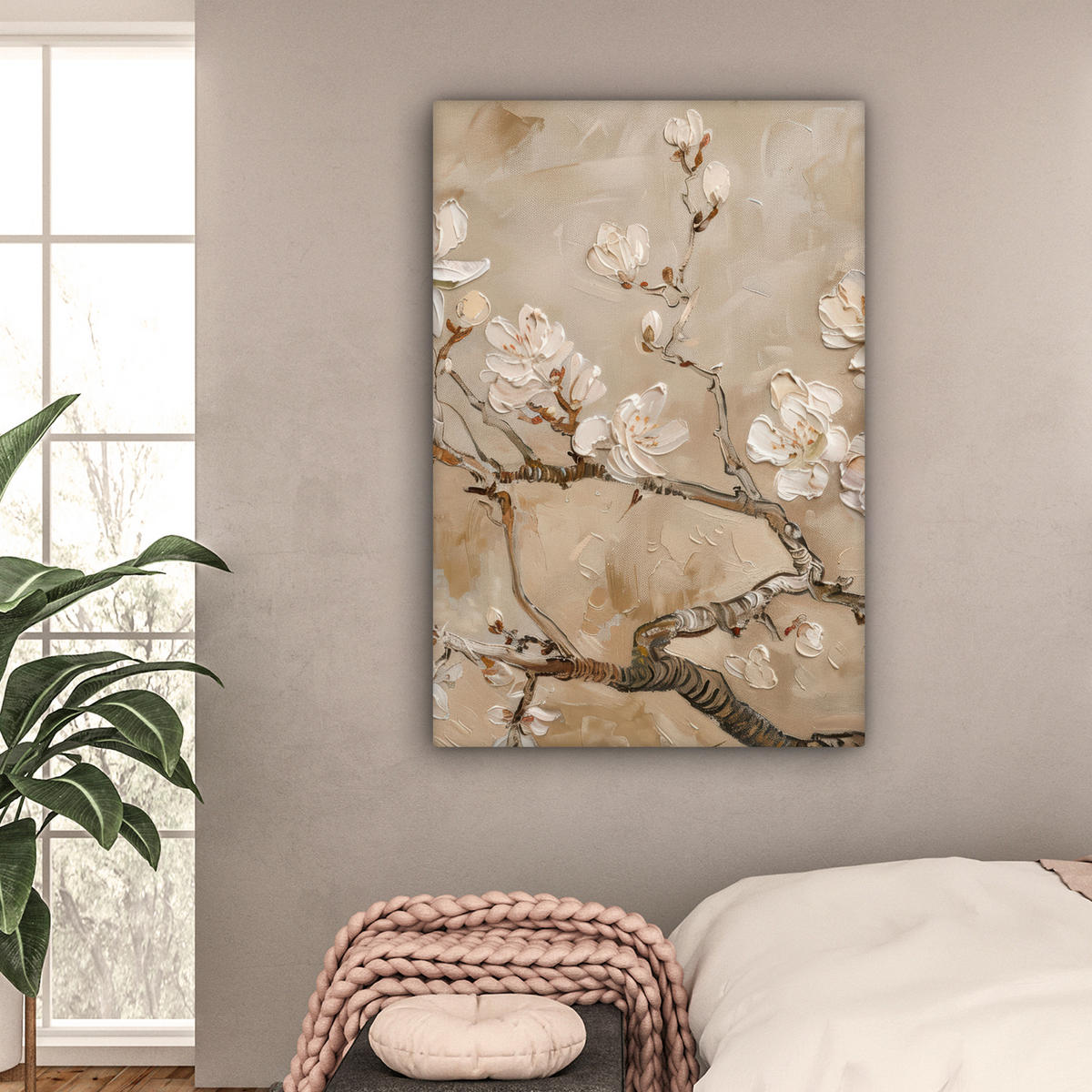 LEINWANDBILD - Blumen - Modern - Beige - Weiß - Blüte - 80x120 - Wanddeko - Beige, Textil (80/120cm) - MuchoWow