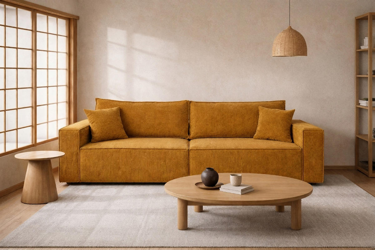 SOFA Mit Schlaffunktion Und Bettkasten, Cordstoff Poso, Senffarbe, BEST SCORNER - Gelb, Holz (245/83/90cm) - Kaiser Möbel