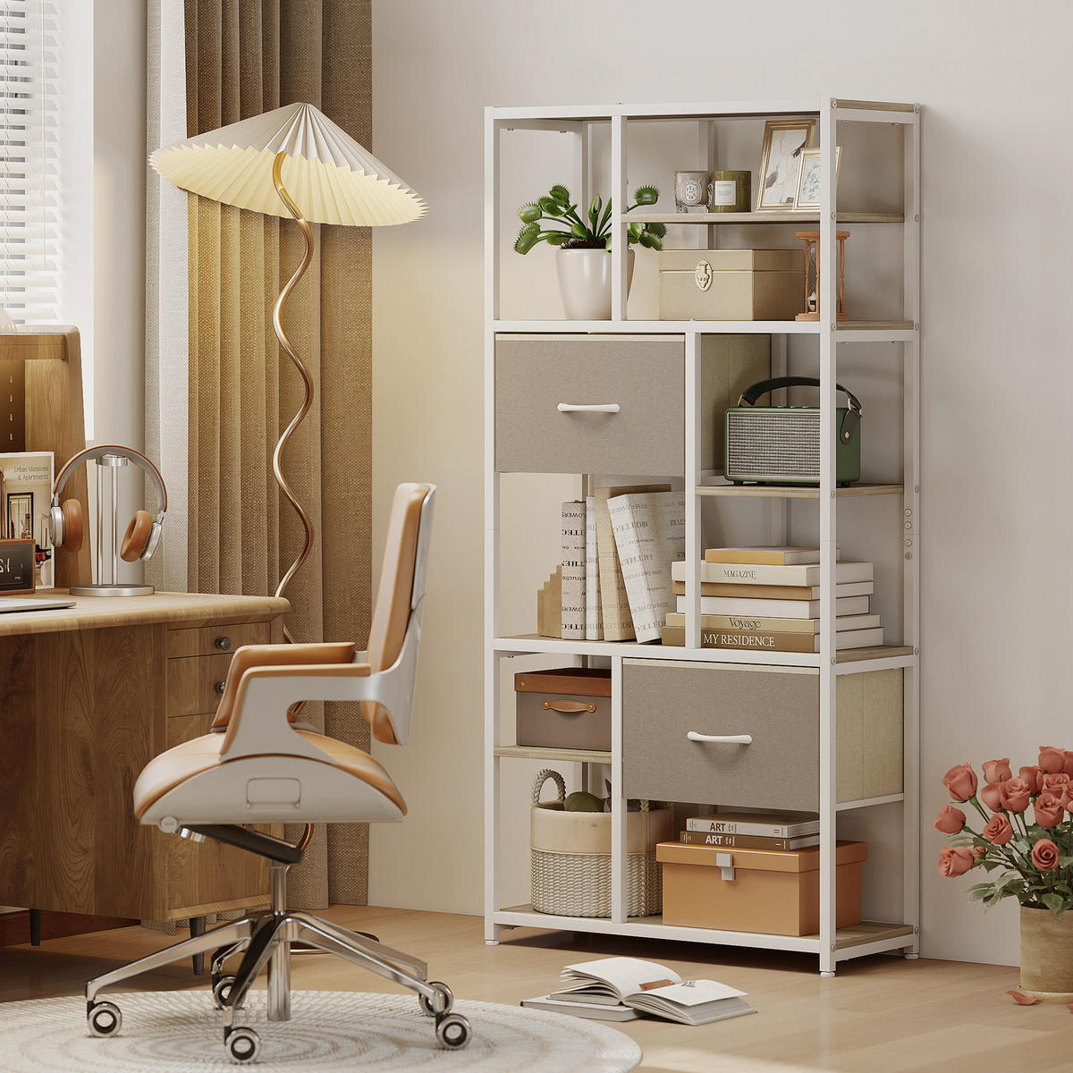 REGAL DE-15550 72,5/30/150 cm, 6 Ebenen mit 2 Stoffschubladen Weiß - Eichefarben, Metall (72.5/150/30cm) - ComfortXL