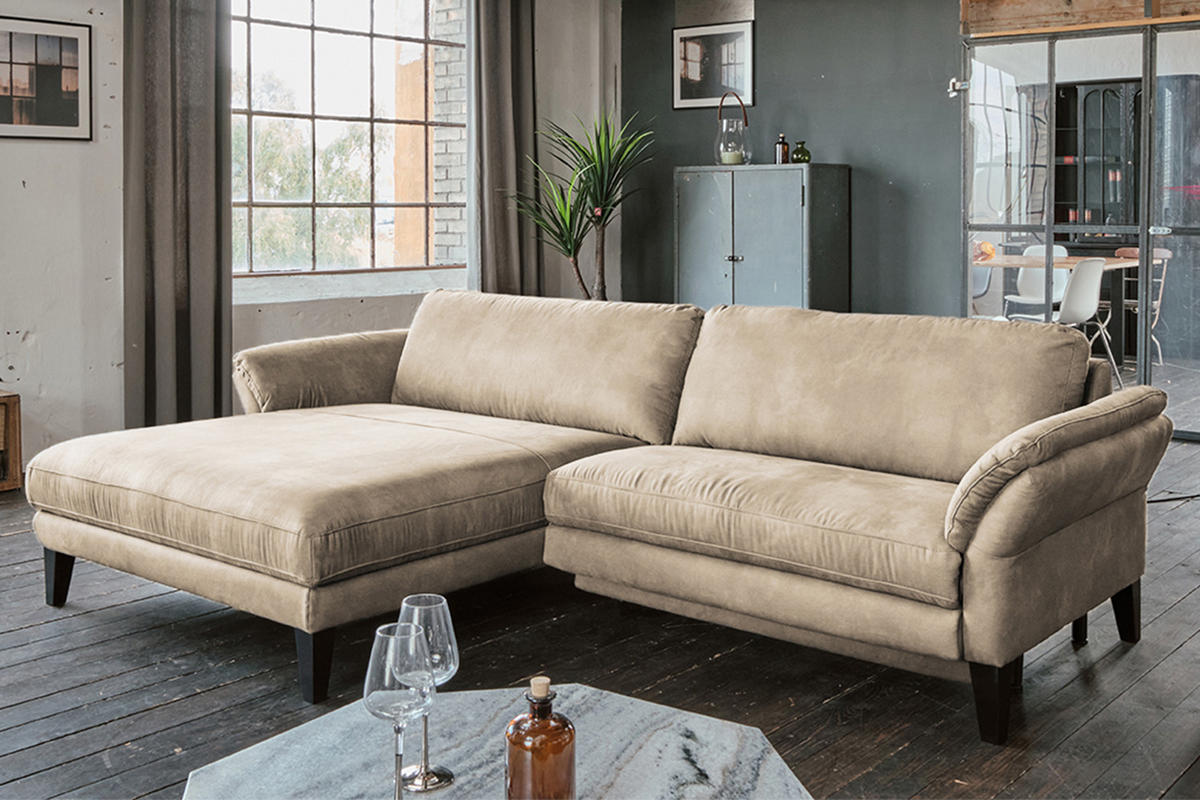 ECKSOFA MALTA Beige Webstoff - Beige/Schwarz, Buchenholz/Textil (302/175cm) - KAWOLA
