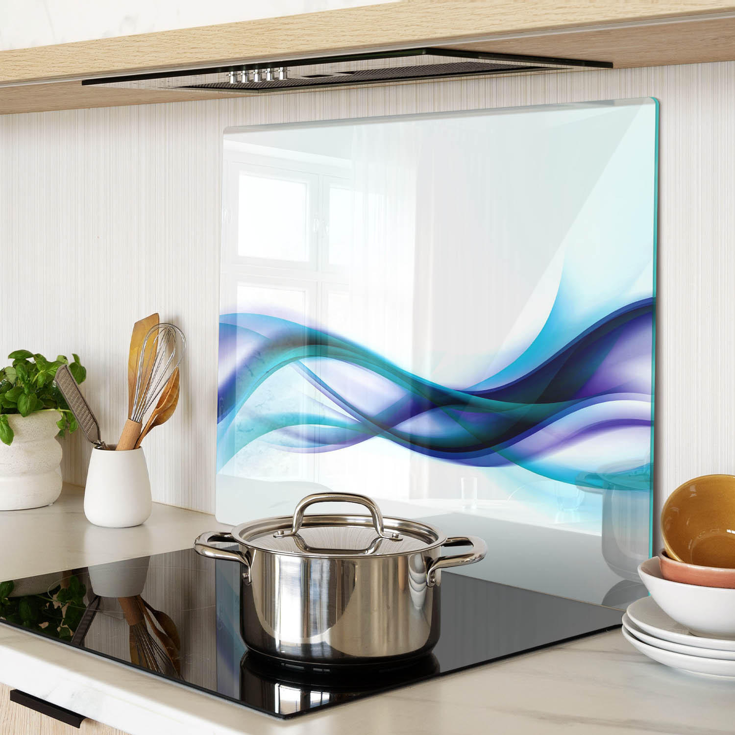 GLASPLATTE 60x52 cm Abstrakte Wellen - Blau, Glas (60/0.4/52cm) - TULUP