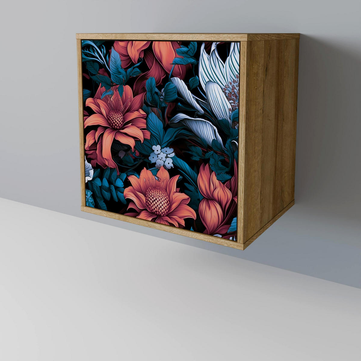 SIDEBOARD ETHEREAL BLOSSOMS, Eichefarben, 57,5x42x67,5 cm, Schwarze Metall-Rahmenfüße - Eichefarben/Multicolor, Holzwerkstoff/Metall (57.5/67.5/42cm) - SpaceRebels