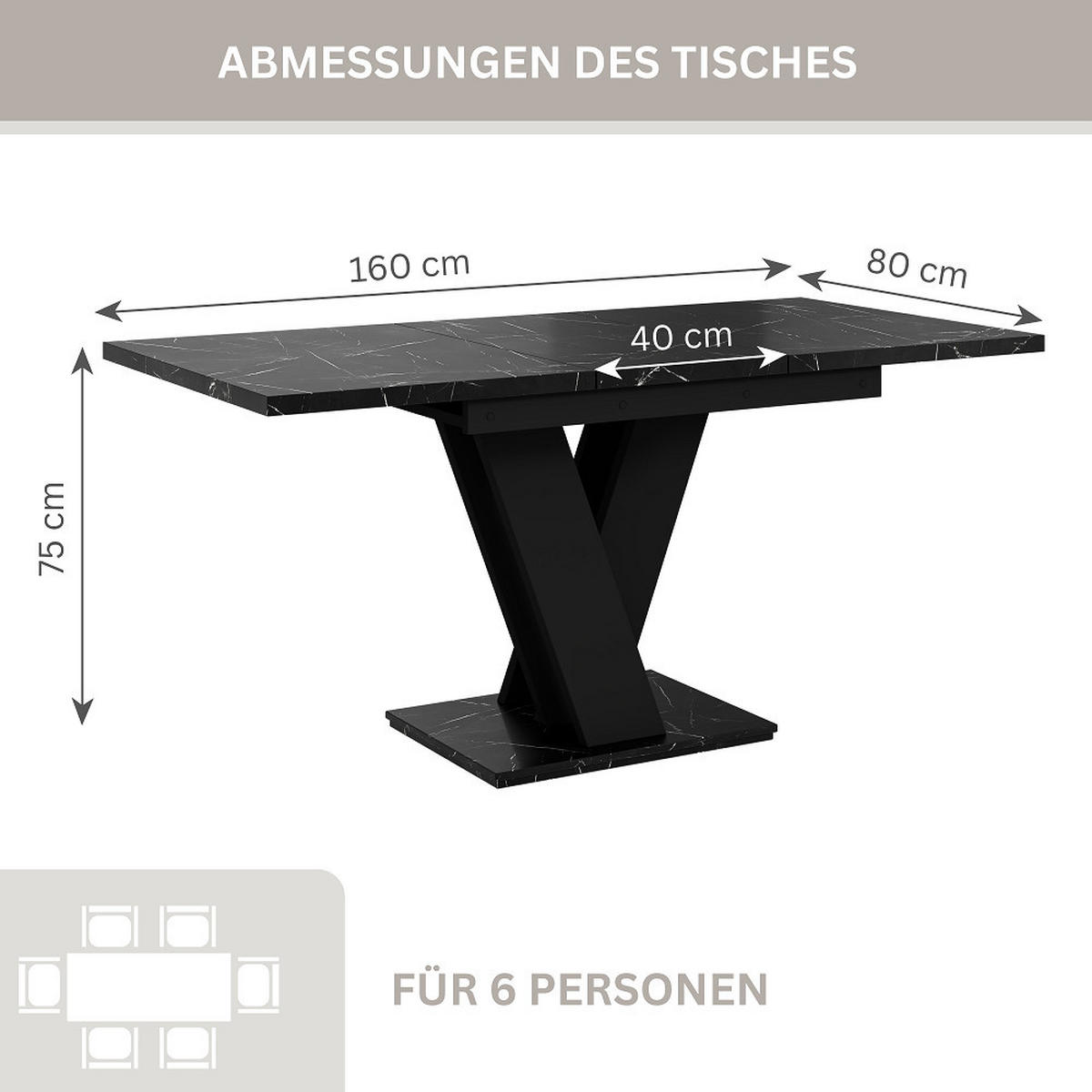 ESSTISCH Royal Schwarz Marmoptik Ausziehbar 120 - 160 cm - Schwarz, Holzwerkstoff (120/80/75cm) - PROSPERO