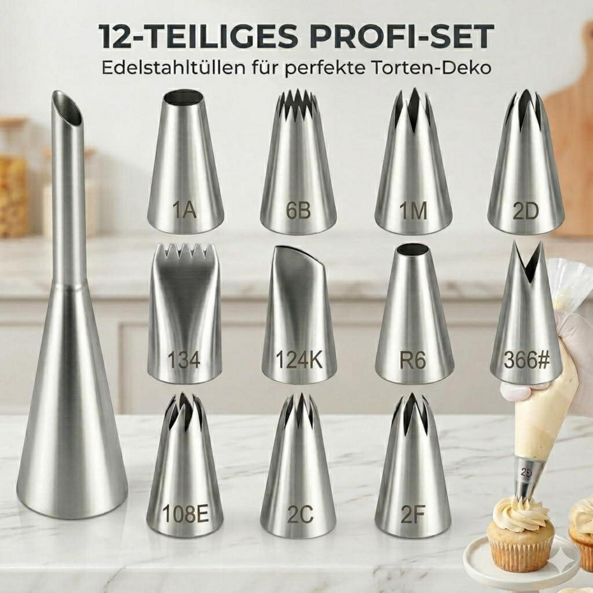 SPRITZTÜLLEN 12-teiliges Set Edelstahl - Silberfarben, Metall (2.5/2.5/9.5cm)