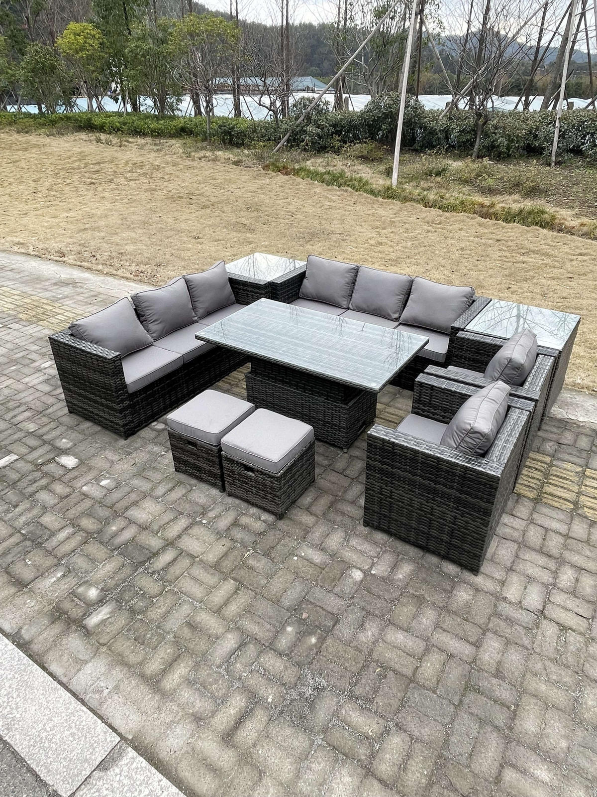GARTENTISCHGRUPPE Polyrattan 10-Sitzer - Dunkelgrau/Grau, Glas/Kunststoff - Fimous