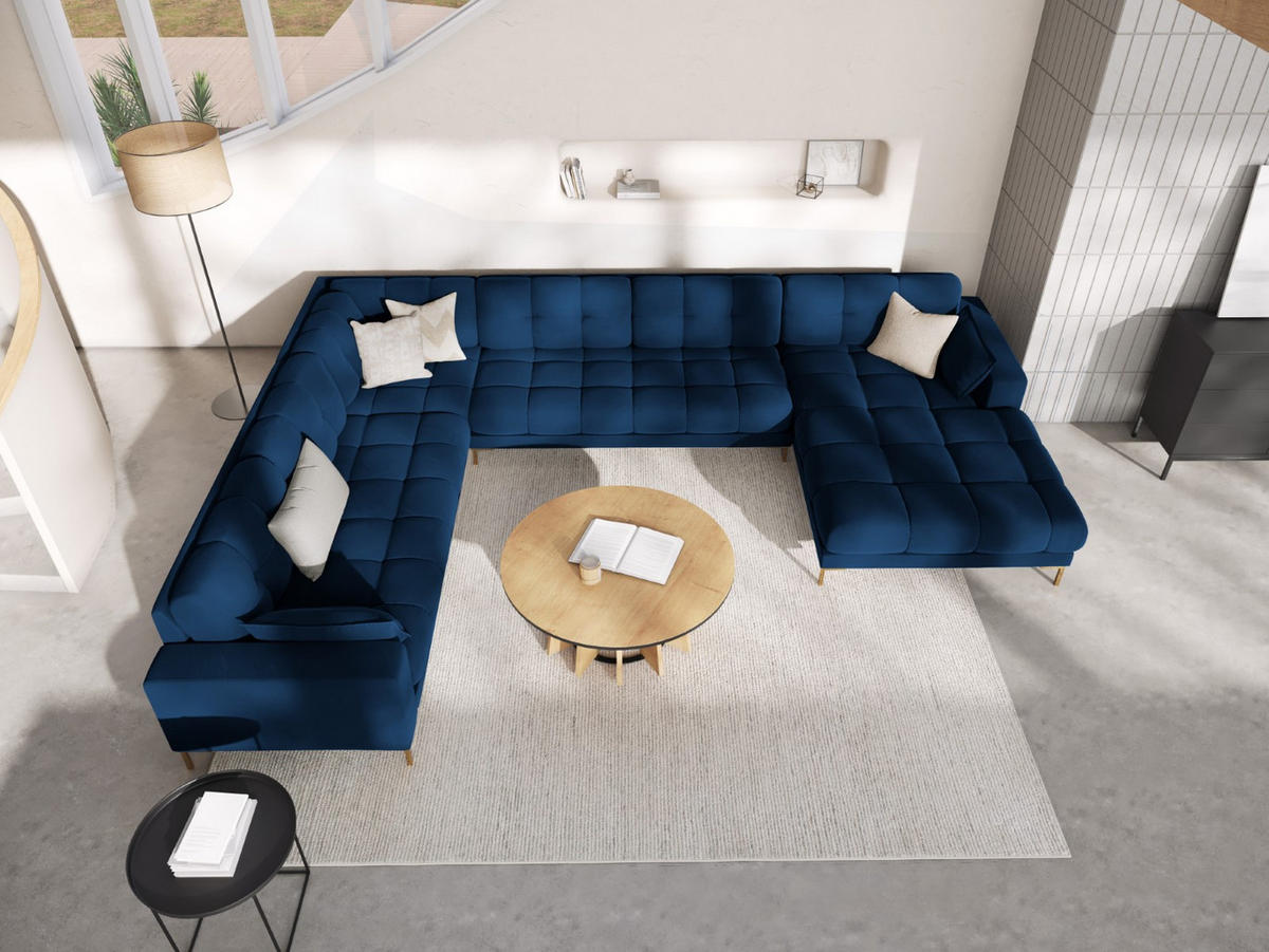 PANORAMASOFA links Mamaia aus Samt königsblau 7 Sitzplätze - Dunkelblau, Textil (256/75/327cm) - Micadoni