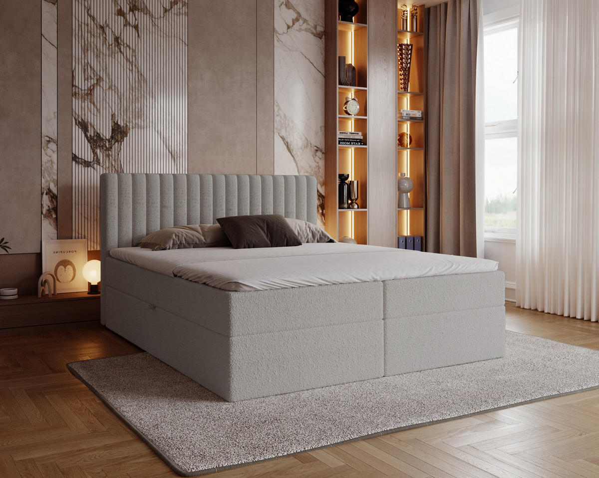 BOXSPRINGBETT Boucle 140x200 Daliro mit Bettkasten, Matratze H3, Hellgrau - Hellgrau, Holz/Textil (140/200cm) - Emporius