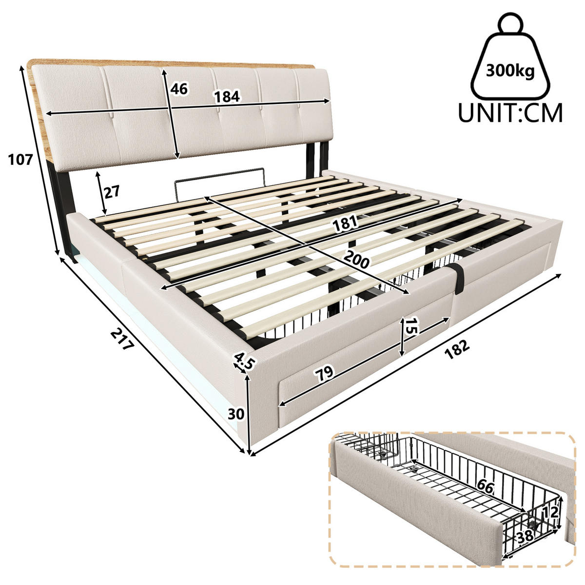 POLSTERBETT 180/200 cm mit USB-, Typ-C-Anschluss, LED und hydraulischem Stauraum, Leinen, Beige - Beige, Textil (180/200cm) - Redom