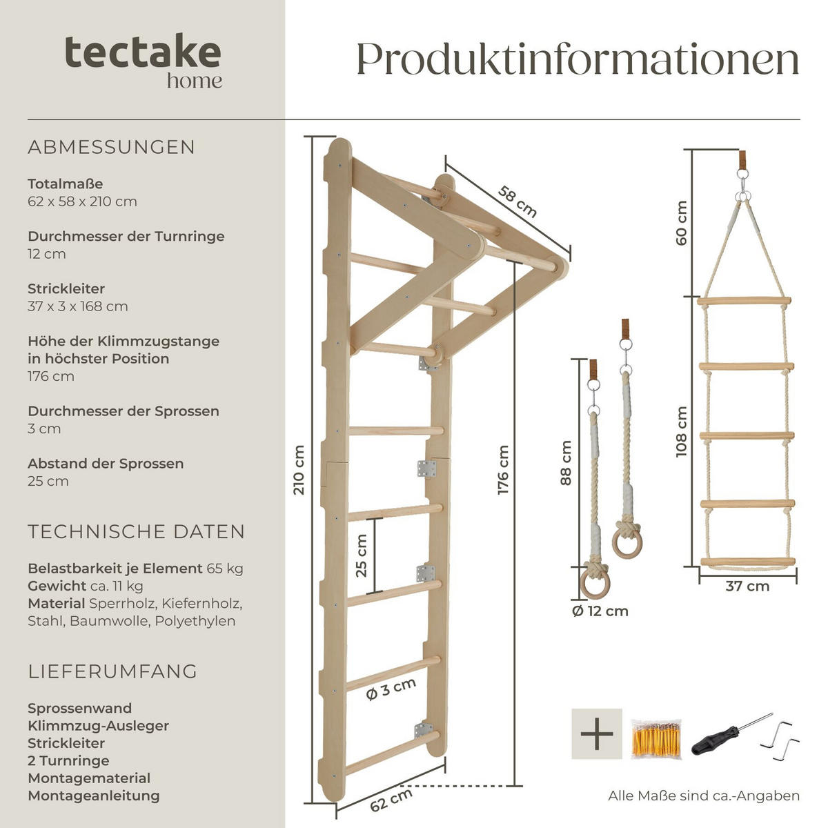 SPROSSENWAND Matterhorn, indoor, für Kinder ab 3 Jahren, hellbraun - Hellbraun, Holz (62/210/58cm) - tectake