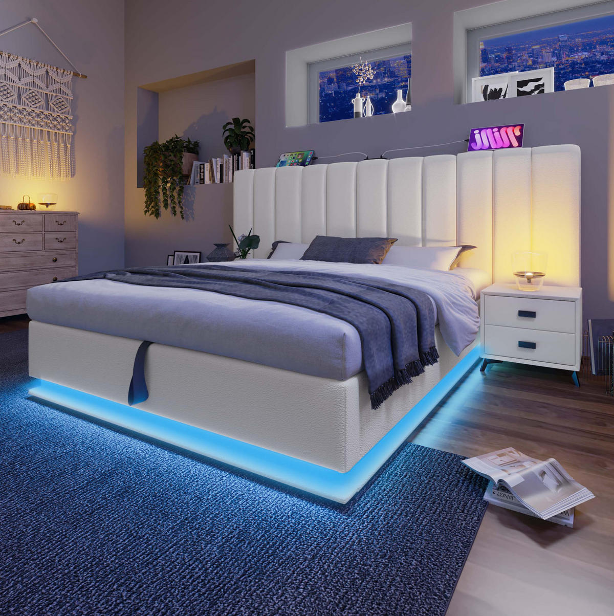 POLSTERBETT 180/200 cm mit hydraulischem Bettkasten, LED-360° & USB/USB-C, PU Weiß - Weiß, Kunststoff (180/200cm) - Redom