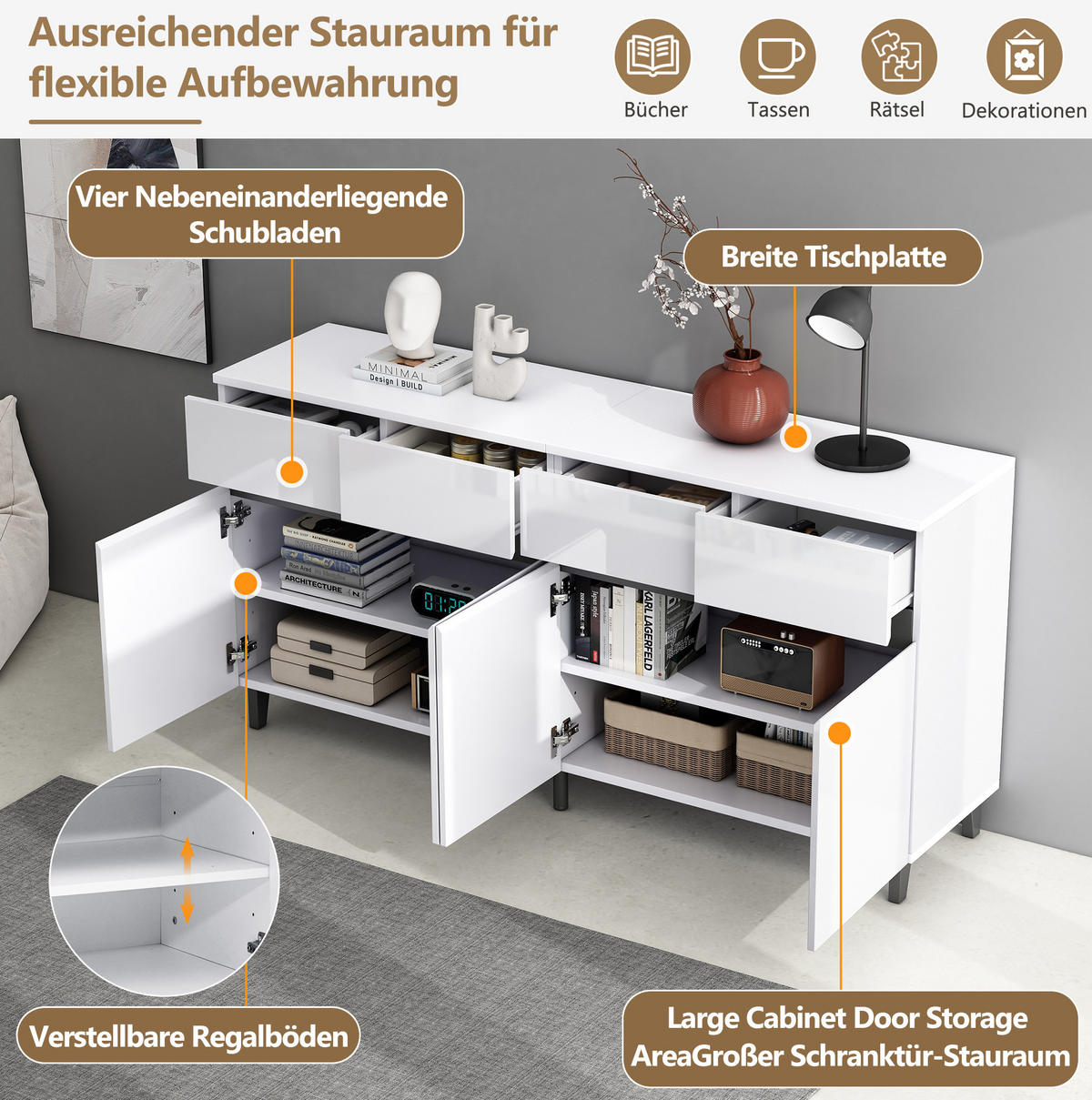 SIDEBOARD mit Hochglanz-Fronten, 4 Schubladen und 2 Türen, 160/40/68 cm, Weiß - Schwarz/Weiß, Holzwerkstoff (160/68/40cm) - Redom