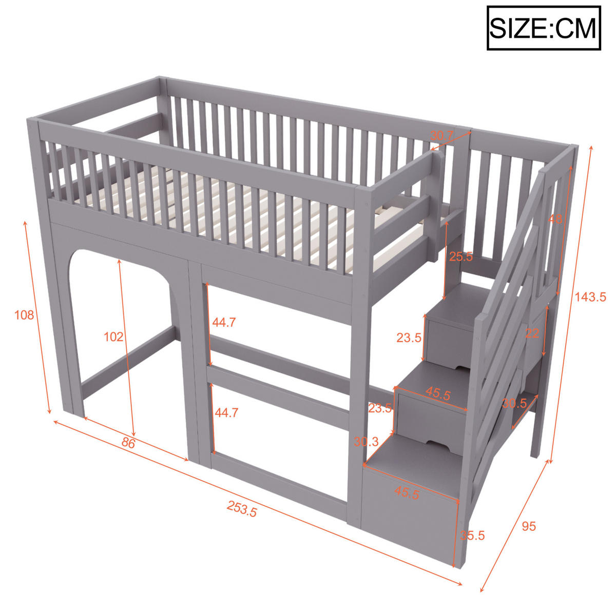 KINDER-HOCHBETT 90x200 cm in Grau mit Stauraumtreppe, LED-Beleuchtung und Lattenrost - Grau, Holz (90/200cm) - IVMEU