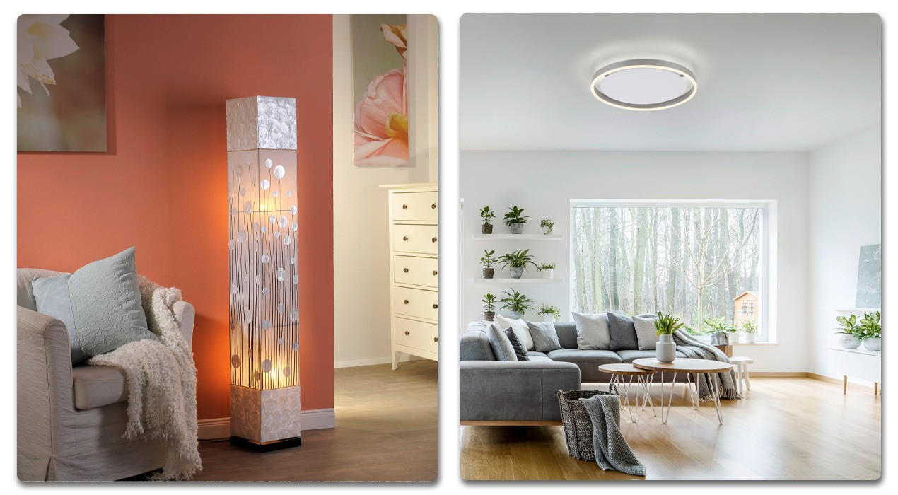 Stehlampe neben einem Sessel und Deckenleuchte über einem Sofa