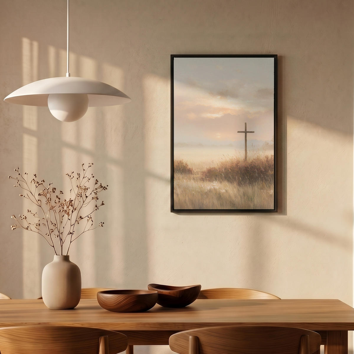 LEINWAND Bilder mit Rahmen - Gras - Morgennebel - Kreuz - Christentum - 40x60 - Beige, Textil (40/60cm) - MuchoWow