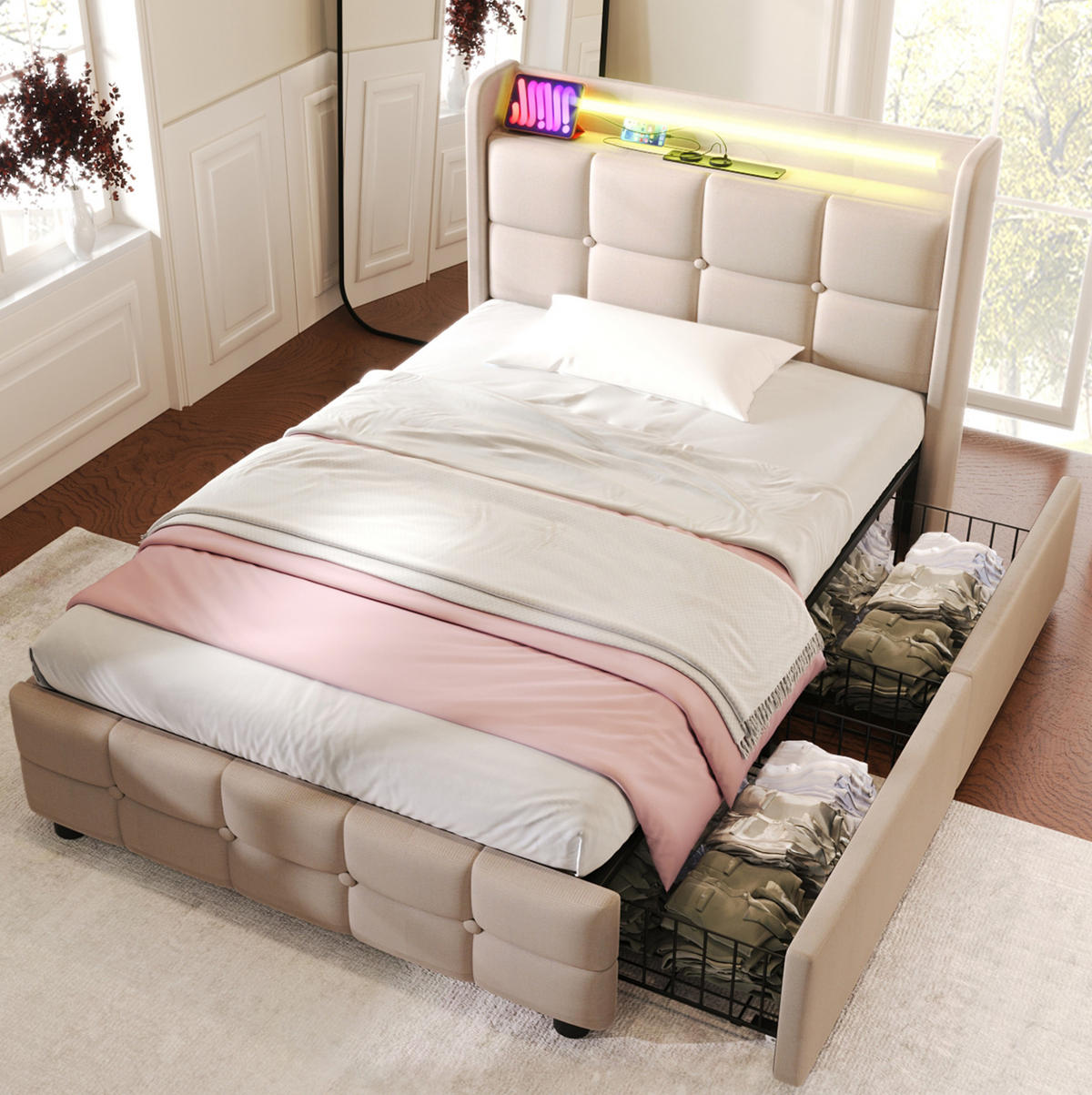 POLSTERBETT mit LED-Beleuchtung 90/200 cm mit USB, Schubladen & Kopfteil - Beige, Holz (90/200cm) - BEAOK